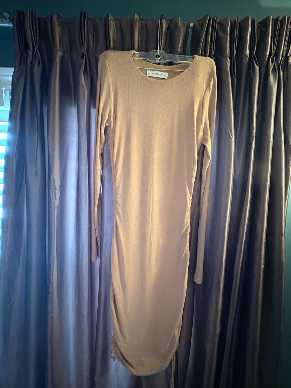 Long Sleeve Bodycon Midi Dress in Beige